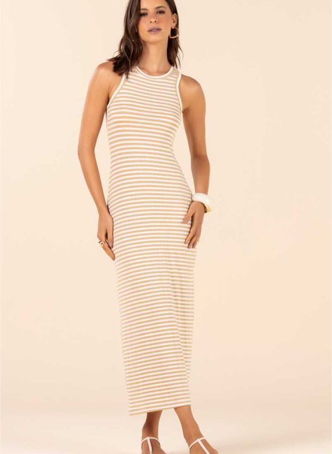 vestido midi em malha canelada listrada