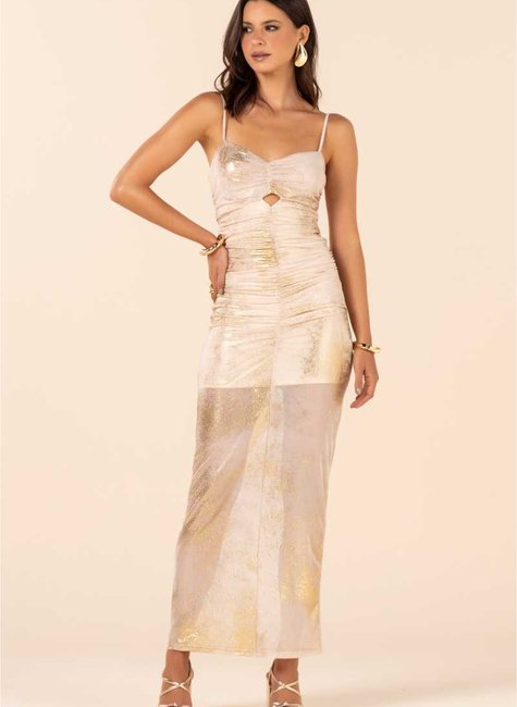 vestido longo de festa em tule com foil e drapeado frontal 1