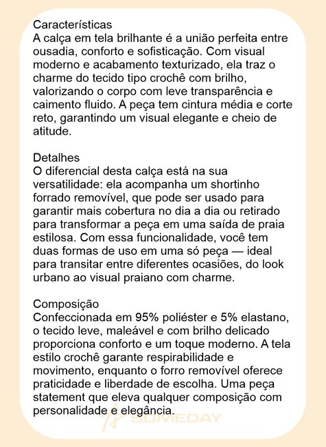 calca tela brilho com forro removivel