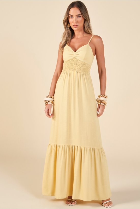 vestido longo romantico com babado