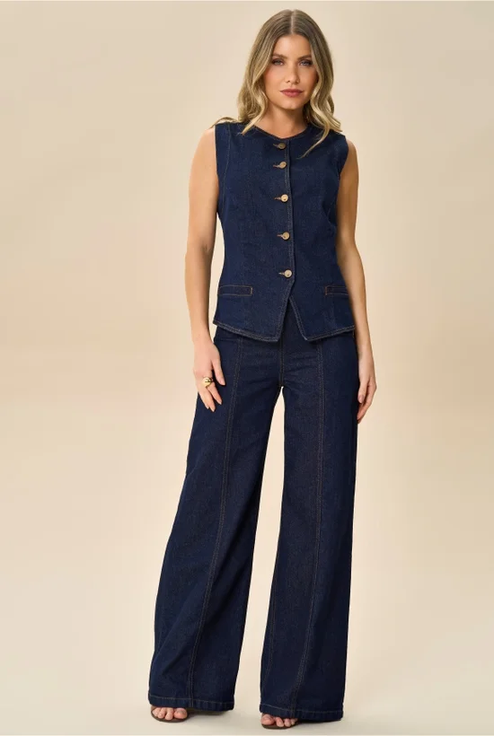 calca jeans wide leg com bolsos